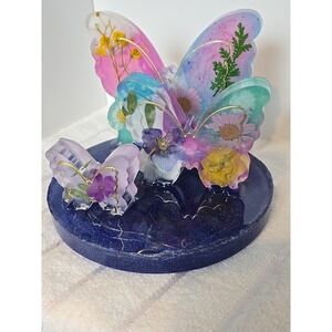 Handmade Resin Butterfly Plate With Lights Blue With Flowers 3 Speed Flashin 772